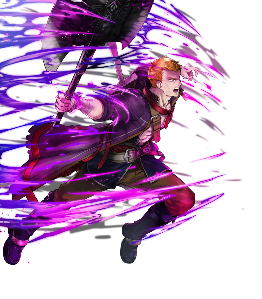 1boy abs attack aura axe bandaged_arm bandages battle_axe belt blonde_hair clenched_teeth dark_aura fire_emblem fire_emblem:_the_blazing_blade fire_emblem_heroes highres holding holding_axe linus_(fire_emblem) lunging muscular muscular_male non-web_source official_alternate_eye_color official_art open_clothes open_mouth open_shirt pale_skin partially_shaded_face solo sword sword_on_back teeth undead weapon weapon_on_back yellow_eyes