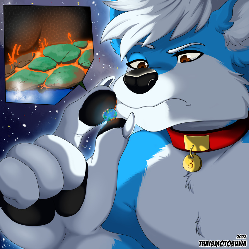 2022 absurd_res anthro canid canine canis cosmic_background destruction earth extreme_size_difference first_person_view galaxy hi_res lava macro macro_anthro male mammal planet size_difference solo thaismotosuwa universe wolf