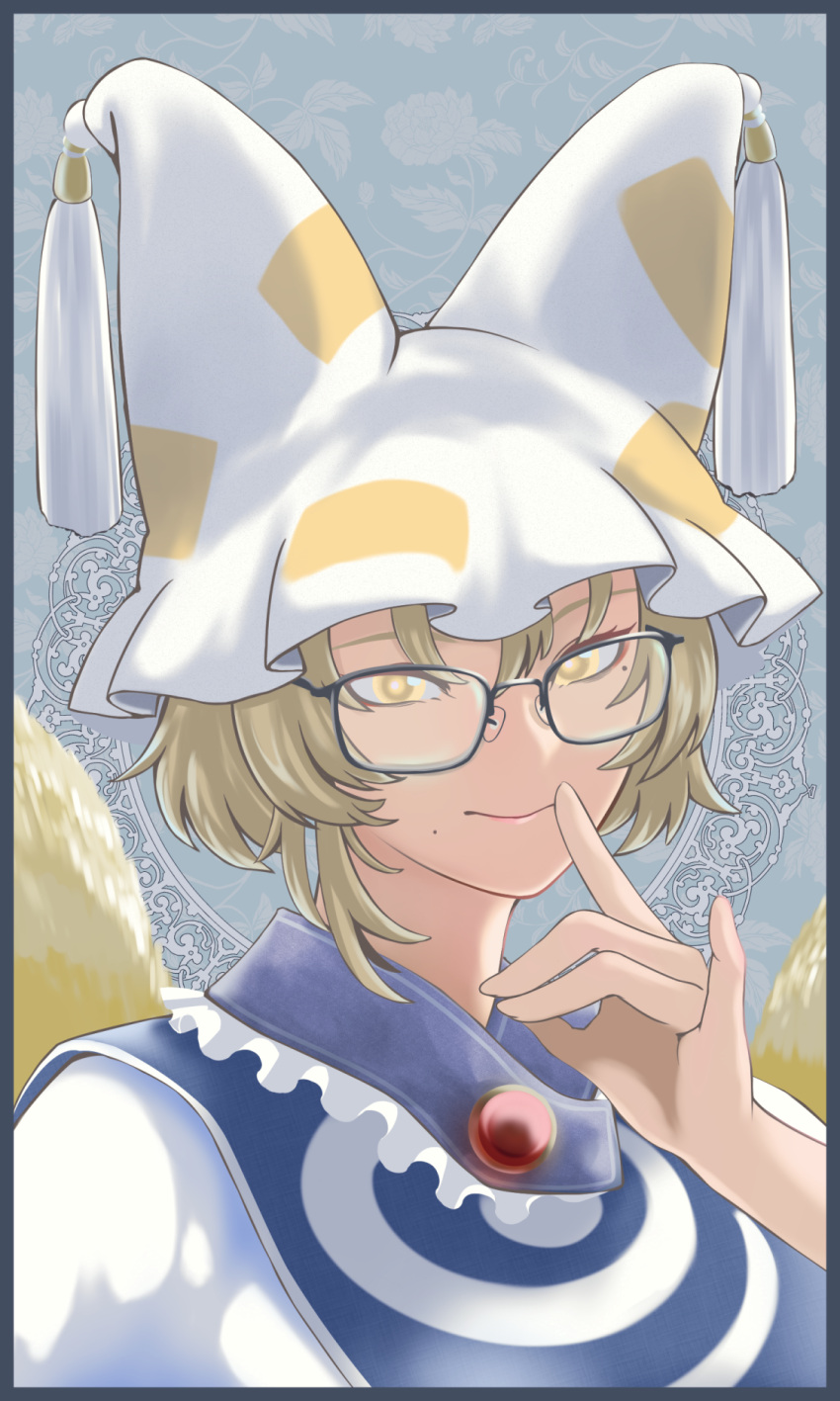 1girl animal_hat bespectacled blonde_hair blue_tabard commentary_request dress floral_background fox_shadow_puppet fox_tail frilled_hat frills glasses grey_background hair_between_eyes hand_up hat highres long_hair looking_at_viewer mob_cap mole mole_under_eye mole_under_mouth outline smile solo soretsu_nitohei tabard tail tassel touhou upper_body white_dress white_hat yakumo_ran yellow_eyes