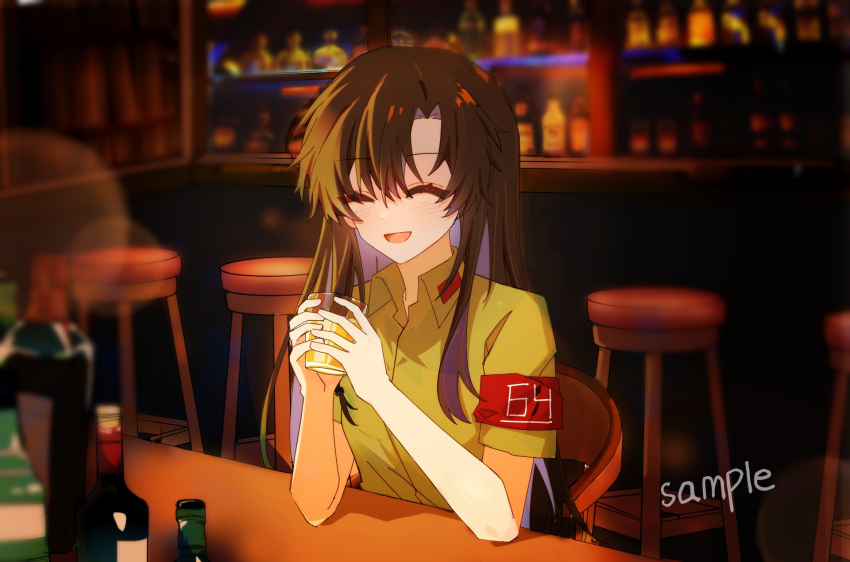 1girl alcohol armband bar_(place) black_hair collared_shirt girls'_frontline highres long_hair open_mouth shirt short_sleeves sitting smile solo type_64_(girls'_frontline) upper_body yuyu_(gype5728)