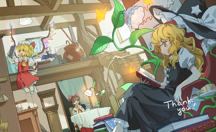 4girls ascot back_bow blonde_hair blue_curtains book bow brown_hair bug butterfly chair clock commentary_request commission crossed_legs crystal cup curtains detached_sleeves dress drinking english_text flandre_scarlet flying frilled_bow frills grey_hair hair_bow hair_tubes hakurei_reimu hat hat_bow hat_ribbon highres holding holding_book holding_cup indoors izayoi_sakuya kaigen_1025 kirisame_marisa lamp long_hair maid maid_headdress mob_cap multicolored_wings multiple_girls no_headwear on_chair one_side_up open_book open_mouth puffy_short_sleeves puffy_sleeves red_bow red_eyes red_skirt red_vest ribbon ribbon-trimmed_sleeves ribbon_trim short_sleeves side_ponytail skeb_commission skirt skirt_set smile star_(symbol) table touhou unworn_headwear vest white_bow white_hat wings witch_hat yellow_ascot yellow_eyes