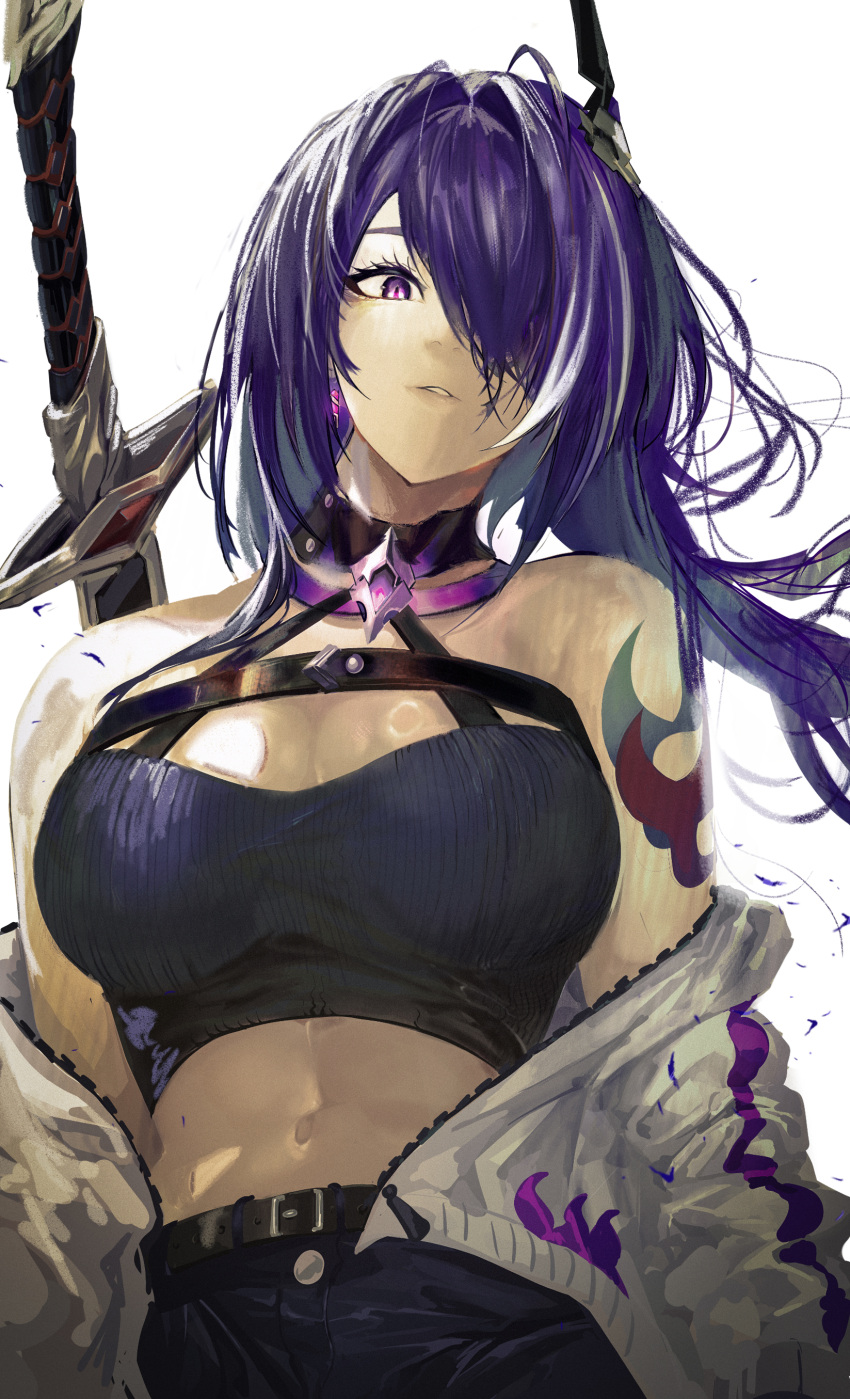 1girl absurdres acheron_(honkai:_star_rail) alternate_costume bad_id bare_shoulders belt black_belt black_choker black_shorts breasts buza006 choker cleavage commentary_request cowboy_shot criss-cross_halter drop_shadow earrings hair_intakes hair_ornament hair_over_one_eye halterneck highres honkai:_star_rail honkai_(series) jacket jewelry large_breasts long_hair looking_at_viewer midriff multicolored_hair navel open_clothes open_jacket parted_lips purple_eyes purple_hair revision shorts shoulder_tattoo solo streaked_hair sword sword_behind_back tattoo unzipped weapon white_background white_jacket