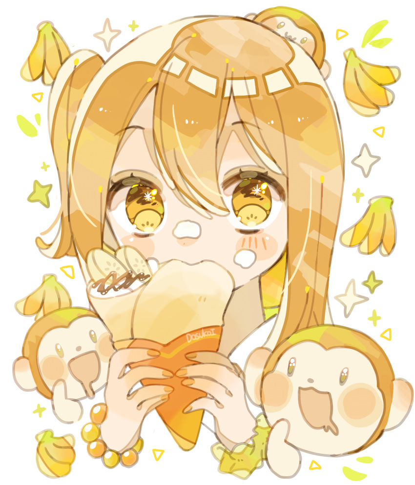 1girl absurdres banana banana_slice bead_bracelet beads blonde_hair blush bracelet crepe eating food food_on_face fruit highres holding holding_food jewelry long_hair looking_at_viewer monkey nagihoko nail_polish one_side_up original scrunchie solo sparkle wrist_scrunchie yellow_eyes