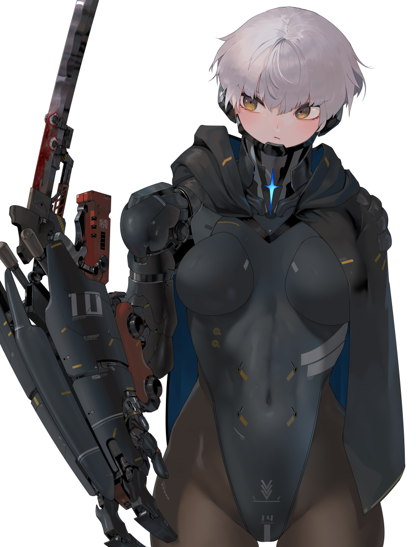 1girl absurdres arm_blade blood blood_on_weapon cloak cyborg grey_hair highleg highleg_leotard highres hood hood_down hooded_cloak joints leotard looking_to_the_side original pantyhose robot_joints science_fiction short_hair solo very_short_hair weapon white_background yellow_eyes yunimaru