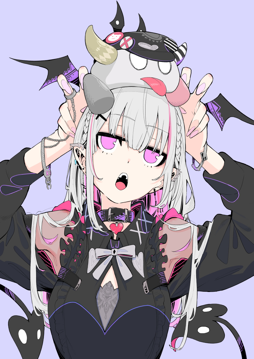 1girl absurdres armpits arms_up asumi_sena asumi_sena_(3rd_costume) bare_shoulders bat_wings black_collar black_dress braid breasts chain cleavage_cutout clothing_cutout collar colored_inner_hair cross cross_earrings cross_hair_ornament demon_girl demon_tail dress ear_piercing earrings french_braid frills grey_hair hair_between_eyes hair_ornament heart_collar highres jewelry looking_up medium_breasts mini_wings multicolored_hair open_mouth piercing pink_hair red_eyes ribbon ring sidelocks spiked_ear_piercing streaked_hair tail tetsu_booya twintails virtual_youtuber vspo! white_ribbon wings wristband