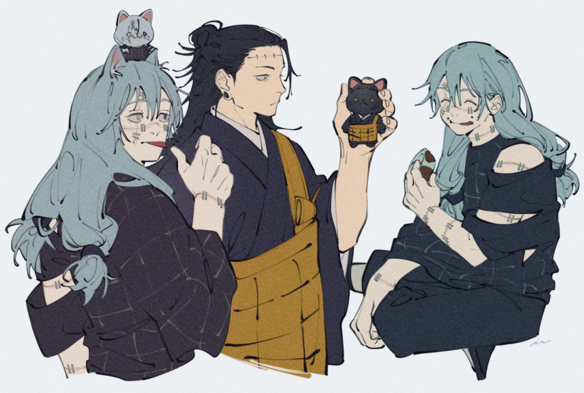 2boys :p ^_^ animal_ears black_hair black_kimono black_pants black_shirt blue_eyes blue_hair cat_boy cat_ears character_doll closed_eyes closed_mouth cowboy_shot doll ear_piercing eating full_body getou_suguru getou_suguru_(kenjaku) hair_bun hand_up heterochromia highres holding holding_doll japanese_clothes jujutsu_kaisen kesa kimono long_hair long_sleeves mahito_(jujutsu_kaisen) male_focus mim_(mimya0600) multiple_boys pants patchwork_skin piercing shirt simple_background sitting standing stitches tongue tongue_out white_background wide_sleeves yellow_eyes