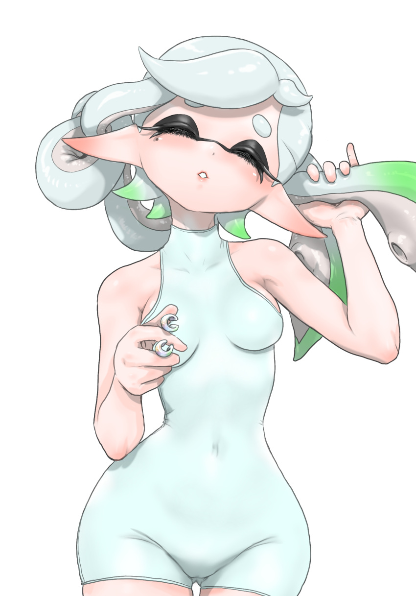 1girl alternate_costume arm_up ass_visible_through_thighs bare_arms bare_shoulders bodysuit breasts closed_eyes covered_collarbone covered_navel cowboy_shot eyelashes gradient_hair green_hair grey_hair hair_down hand_up highres holding inkling koharu2.5 long_hair marie_(splatoon) medium_breasts mole mole_under_eye multicolored_hair parted_lips pointy_ears short_eyebrows simple_background solo splatoon_(series) suction_cups tentacle_hair two-tone_hair unworn_earring white_background white_bodysuit