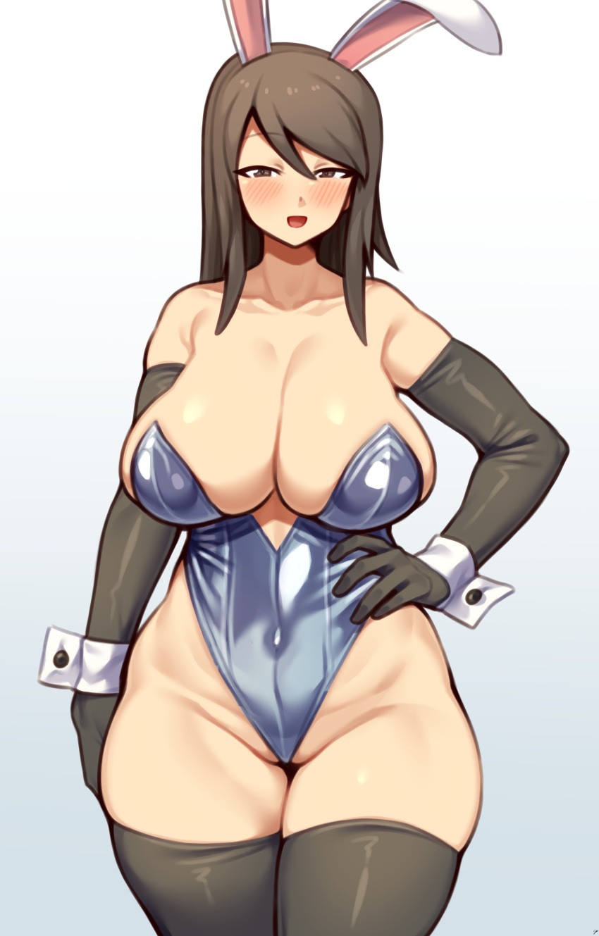 1girl absurdres animal_ears bare_shoulders black_gloves black_thighhighs blue_leotard breasts brown_eyes brown_hair cleavage cleft_of_venus covered_navel cowboy_shot curvy elbow_gloves fake_animal_ears girls_und_panzer gloves gradient_background grey_background half-closed_eyes hand_on_own_hip highleg highleg_leotard highres huge_breasts leotard long_hair looking_at_viewer mika_(girls_und_panzer) nikuatsu_magician_shinbo open_mouth playboy_bunny rabbit_ears smile solo standing strapless strapless_leotard thighhighs wrist_cuffs