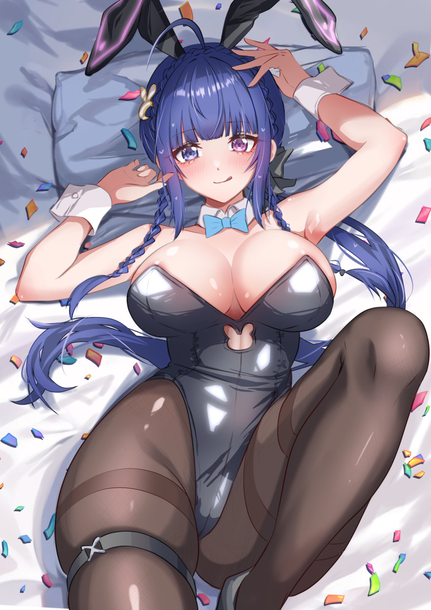 1girl :q ahoge animal_ears arm_up armpits assault_lily bare_arms bare_shoulders bed_sheet black_footwear black_leotard blue_bow blue_bowtie blue_eyes blue_hair blunt_bangs blush bow bowtie braid breasts brown_pantyhose cleavage closed_mouth commentary_request confetti cowboy_shot crescent crescent_hair_ornament cutout_above_navel detached_collar fake_animal_ears hair_ornament hand_on_own_head hand_up heterochromia highleg highleg_leotard highres houji_tea_latte knee_up large_breasts leotard long_hair looking_at_viewer low_ponytail lying on_back pantyhose pillow playboy_bunny ponytail purple_eyes rabbit_ears shade shoes side_braids skindentation smile solo strapless strapless_leotard tetsukawa_toa thigh_strap thighband_pantyhose tongue tongue_out twin_braids very_long_hair wrist_cuffs