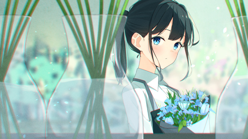 1girl black_hair blue_eyes blurry blurry_background blush bouquet collared_shirt flower highres holding holding_bouquet original ponytail shirt solo suspenders tsunoshou_kichi vase