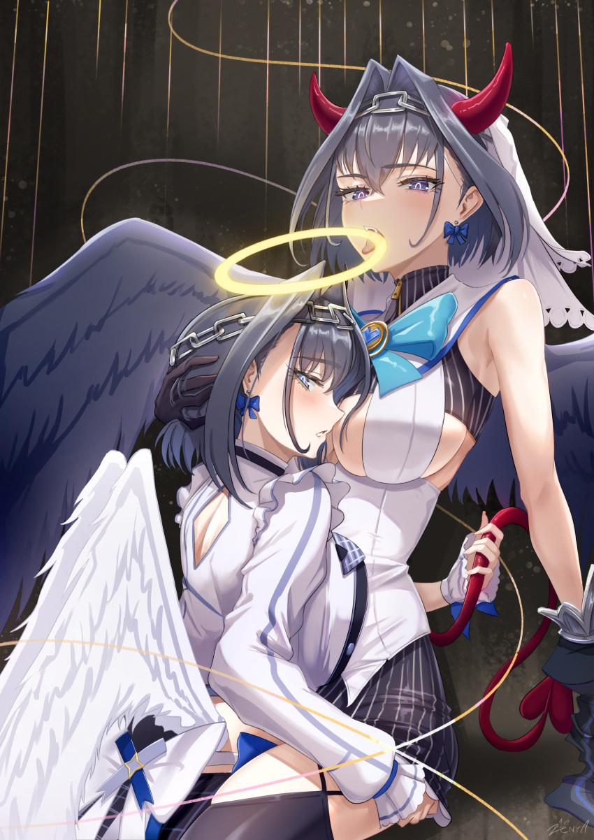 2girls absurdres angel_and_devil angel_wings blue_eyes blue_hair blush bow bow_earrings breasts demon_horns demon_tail demon_wings earrings gloves grabbing_another's_tail hair_intakes halo head_chain highres hololive hololive_english horns jewelry large_breasts multiple_girls open_mouth ouro_kronii tail tongue tongue_out virtual_youtuber wings yuri zenya