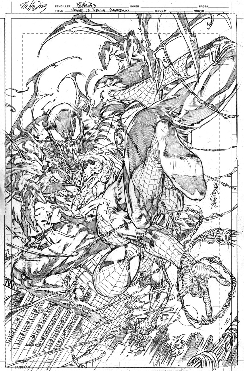 2boys commentary commission english_commentary full_body graphite_(medium) greyscale highres male_focus marvel monochrome monster_boy multiple_boys muscular nethodiazz silk simple_background spider-man spider-man_(series) spider_web superhero_costume symbiote traditional_media venom_(marvel) western_comics_(style)