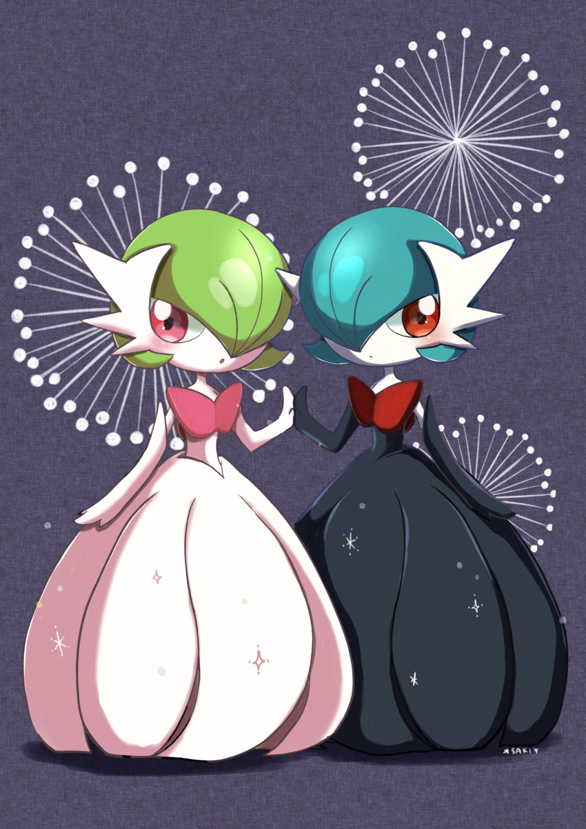 absurdres alternate_color black_dress black_gloves blue_hair bob_cut colored_skin dress elbow_gloves gardevoir gardevoir_day gloves green_hair highres looking_at_viewer mega_gardevoir mega_pokemon pink_eyes pokemon pokemon_(creature) red_eyes saki_pokeoekaki shiny_pokemon simple_background white_dress white_gloves white_skin