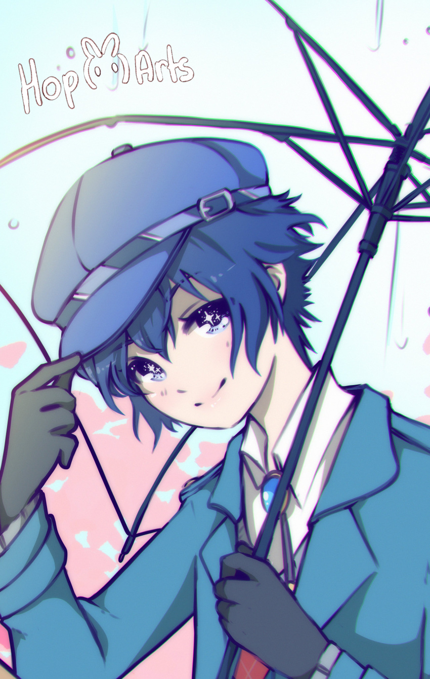 +_+ 1girl absurdres androgynous artist_name black_gloves blue_coat blue_eyes blue_hair blue_hat bolo_tie brooch cabbie_hat coat collared_shirt gloves hat head_tilt highres holding holding_clothes holding_hat holding_umbrella jewelry light_smile looking_at_viewer naociel persona persona_4 plaid plaid_vest rain shirogane_naoto shirt short_hair transparent transparent_umbrella umbrella vest water_drop