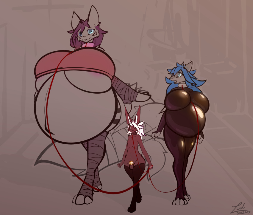 absurd_res anthro areola areola_slip balls big_breasts big_tail black_sclera blue_eyes blue_hair bottomless breasts chastity_cage chastity_device clothed clothing collar demon felid female femboy firepawdacat fish fluffy fluffy_tail genitals gold_(metal) gold_chastity_cage gold_chastity_device group hair hi_res huge_breasts hyper hyper_breasts hyper_pregnancy larger_female latex latex_clothing latex_skinsuit leash leashed_collar legwear lodi_(artist) lodi_(character) long_hair male mammal marine mostly_nude pantherine pregnant pregnant_female purple_hair shark size_difference skinsuit smaller_male tail thick_thighs thigh_highs thigh_highs_only tiger tight_clothing topwear topwear_only trio walking wraps