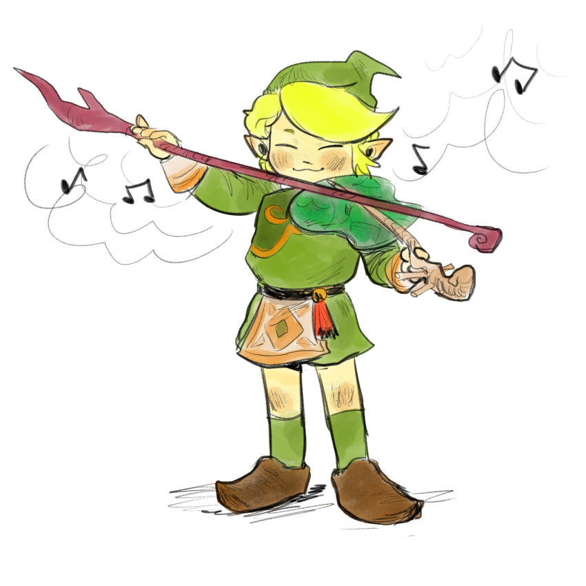 1boy :3 belt black_belt bow_(music) brown_footwear closed_eyes commentary english_commentary fado_(wind_waker) full_body green_hair green_hat green_socks green_tunic hat highres holding holding_instrument holding_violin instrument music musical_note playing_instrument pointy_ears short_hair simple_background socks solo the_legend_of_zelda the_legend_of_zelda:_the_wind_waker violin white_background yasmeen