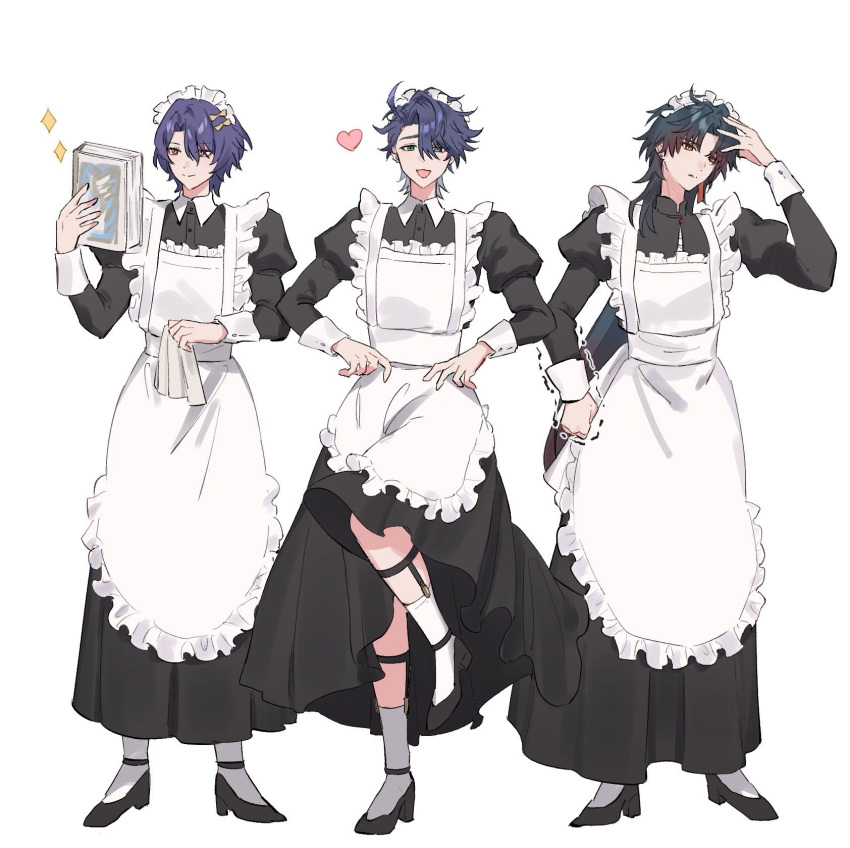 3boys :d alternate_costume apron black_dress black_footwear black_hair blade_(honkai:_star_rail) blue_hair book bow brown_eyes closed_mouth cloth collared_dress crossdressing dr._ratio_(honkai:_star_rail) dress earrings enmaided frilled_apron frills full_body gradient_hair green_eyes hair_bow hand_on_own_head heart high_heels highres holding holding_book holding_cloth honkai:_star_rail honkai_(series) jewelry juliet_sleeves leg_up legwear_garter long_dress long_hair long_sleeves looking_at_viewer maid maid_apron maid_day maid_headdress male_focus male_maid mandarin_collar multicolored_hair multiple_boys multiple_hair_bows nekobni open_mouth orange_eyes parted_lips puffy_sleeves purple_hair red_hair sampo_koski short_hair simple_background smile socks sparkle standing standing_on_one_leg trembling very_long_hair white_apron white_background white_socks wing_collar yellow_bow