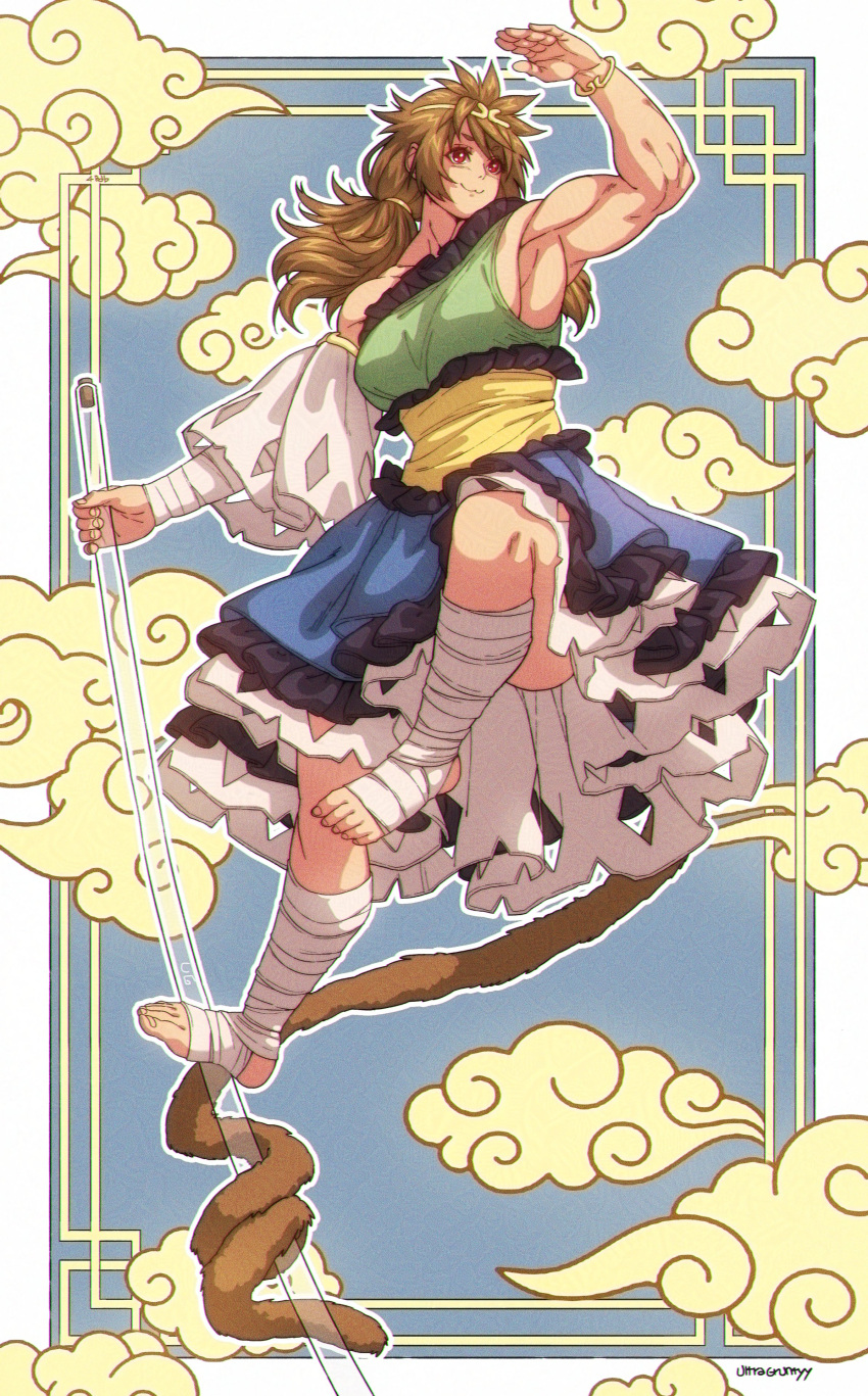 1girl absurdres bandaged_arm bandaged_leg bandages barefoot brown_hair cloud detached_sleeves dress frilled_dress frills green_dress highres holding holding_test_tube low_twintails monkey_girl monkey_tail multicolored_clothes multicolored_dress muscular muscular_female prehensile_tail red_eyes single-shoulder_dress single_detached_sleeve smile son_biten tail test_tube touhou twintails ultragruntyy white_sleeves yellow_dress