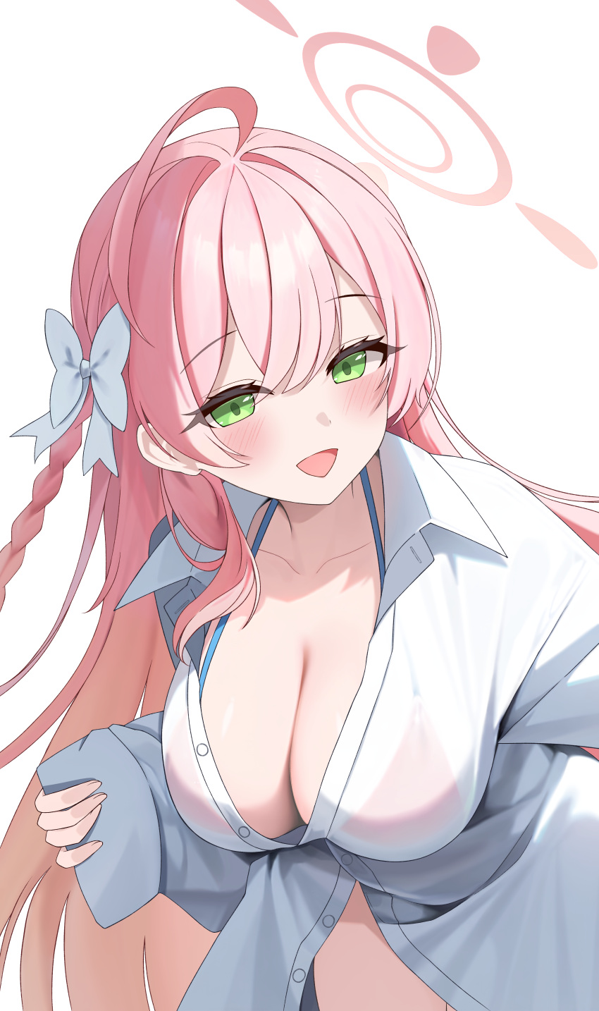 1girl absurdres ahoge ayeon_chan blue_archive blush breasts buttons cleavage collared_shirt green_eyes hanako_(blue_archive) hanako_(swimsuit)_(blue_archive) highres large_breasts long_hair looking_at_viewer official_alternate_costume open_mouth pink_hair shirt simple_background solo upper_body white_background white_shirt