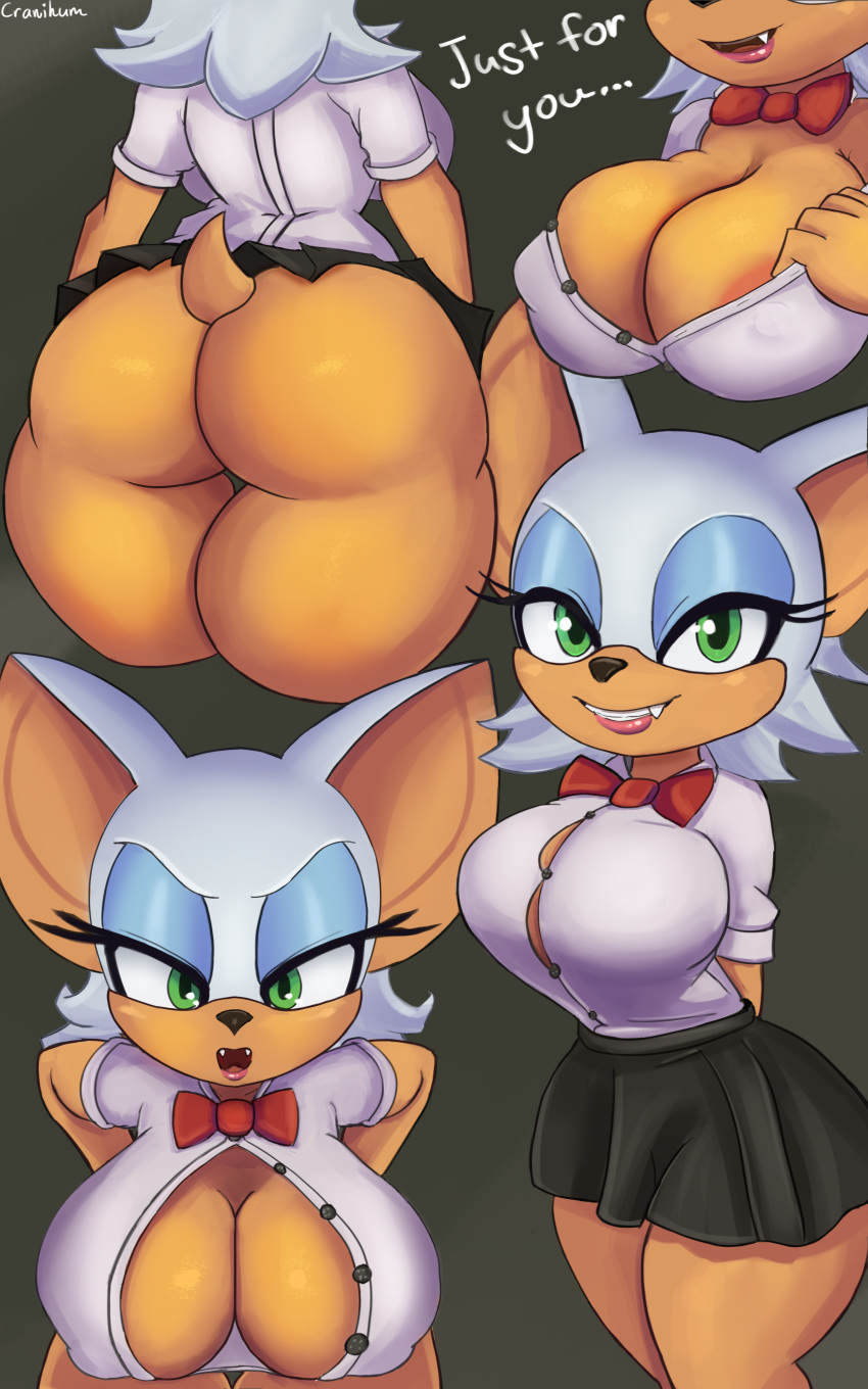 absurd_res anthro barely_visable_nipples big_breasts big_butt bottomwear bow_tie breasts butt chiropteran cleavage clothed clothing cranihum cute_fangs dialogue female fur green_eyes hi_res mammal raised_bottomwear raised_clothing raised_skirt rouge_the_bat school_uniform sega skirt solo sonic_the_hedgehog_(series) uniform white_body white_fur