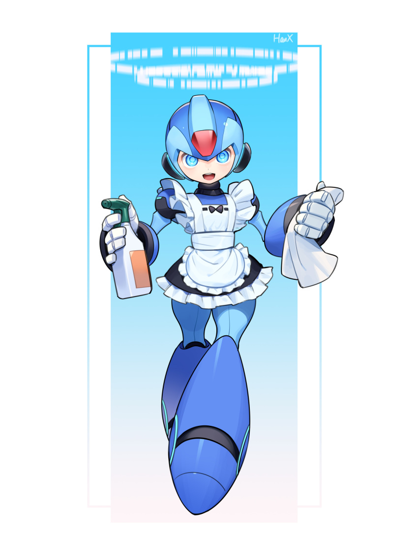 1boy absurdres android apron armor artist_name black_dress blue_armor blue_eyes blue_helmet buzzsaw_(6631455) crossdressing dress forehead_jewel frilled_apron frills full_body halor helmet highres holding maid male_focus male_maid mega_man_(series) mega_man_x_(series) solo white_apron x_(mega_man)