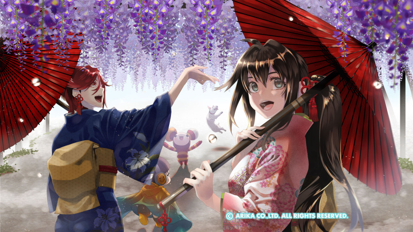 3girls arika brown_hair character_request dog fighting_ex_layer hair_ribbon highres holding holding_umbrella japanese_clothes kimono knitty_(technictix) long_hair multiple_girls nanase_(street_fighter) official_art official_wallpaper open_mouth rain_(technictix) red_hair ribbon smile street_fighter street_fighter_ex_(series) technictix umbrella