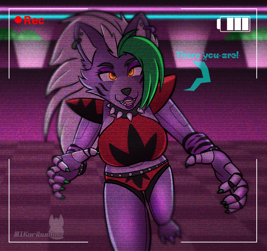 5_fingers animatronic anthro canid canine canis digital_media_(artwork) ear_piercing eyebrows female fingers five_nights_at_freddy's five_nights_at_freddy's:_security_breach front_view hair ikaribunbun long_hair looking_at_viewer machine mammal piercing recording robot roxanne_wolf_(fnaf) scottgames solo video_games wolf