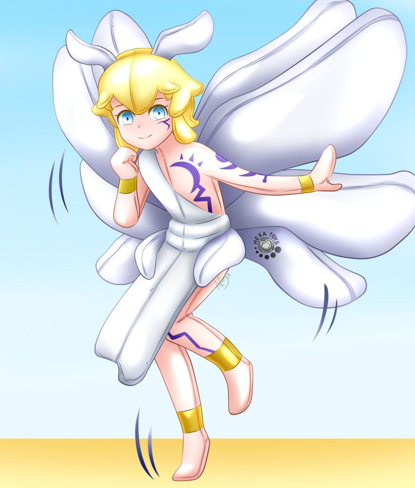 ambiguous_gender angel angel_humanoid animate_inanimate arm_tattoo bandai_namco bracelet chest_tattoo digimon digimon_(species) feathered_wings feathers floating hexatoy hi_res humanoid inflatable jewelry living_inflatable lucemon markings nieyx simple_background solo tattoo wings