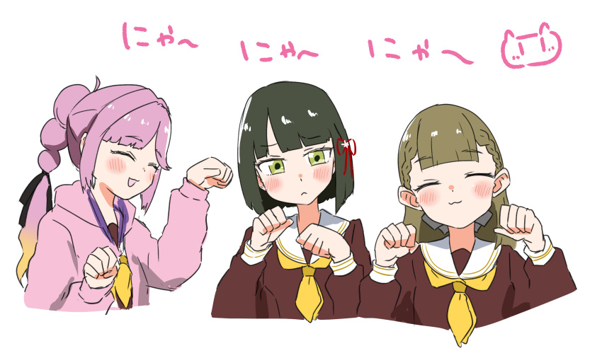 3girls :&lt; :3 ^_^ anyoji_hime black_hair black_ribbon blonde_hair blunt_bangs blunt_ends blush braid brown_dress brown_hair center-flap_bangs closed_eyes closed_mouth commentary cropped_torso dress flower flower_knot gradient_hair green_eyes hair_flower hair_ornament hair_ribbon hasu_no_sora_school_uniform highres jacket kachimachi_kosuzu kanzaki_gou link!_like!_love_live! long_hair long_sleeves love_live! momose_ginko multi-tied_hair multicolored_hair multiple_girls neckerchief nyan open_clothes open_jacket open_mouth paw_pose pink_hair pink_jacket ponytail ribbon sailor_collar sailor_dress school_uniform short_hair side_braids sidelocks simple_background straight_hair swept_bangs symbol-only_commentary translation_request virtual_youtuber white_background white_sailor_collar winter_uniform yellow_neckerchief
