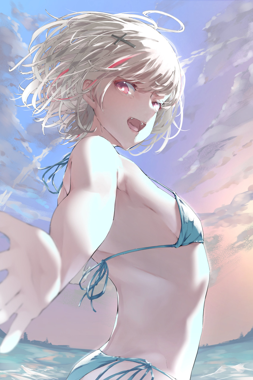 1girl absurdres asumi_sena bikini breasts cloud cloudy_sky cross_hair_ornament fangs from_below from_side green_bikini grey_hair hair_ornament highres looking_at_viewer multicolored_hair oa_(or_12o) ocean open_mouth outstretched_arms pink_eyes pink_hair short_hair side-tie_bikini_bottom sky small_breasts smile streaked_hair swimsuit upper_body virtual_youtuber vspo!