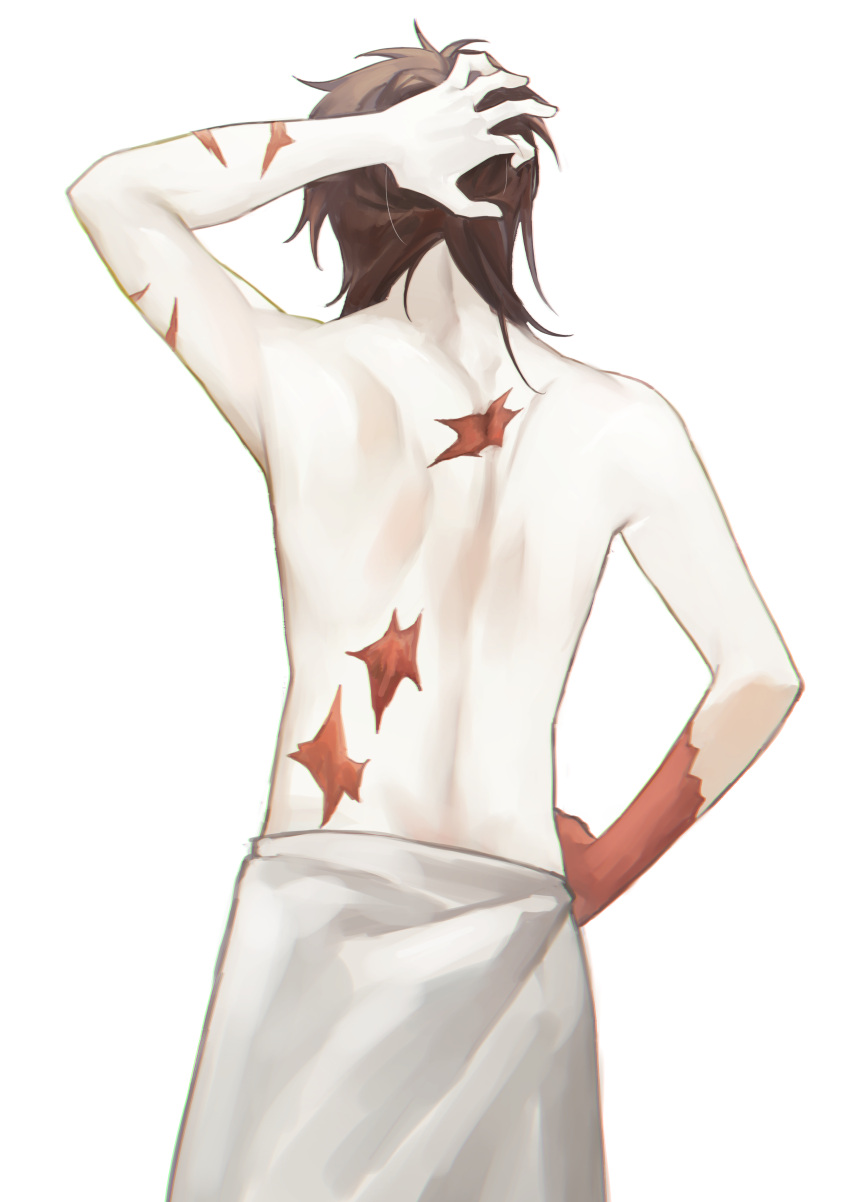 1boy absurdres brown_hair burn_scar chinese_commentary commentary_request harada_minoru highres kyoko_(akakikyoko) male_focus multiple_scars naked_towel pale_skin saibou_shinkyoku scar scar_on_arm scar_on_back scar_on_hand simple_background solo topless_male towel towel_around_waist white_background white_towel