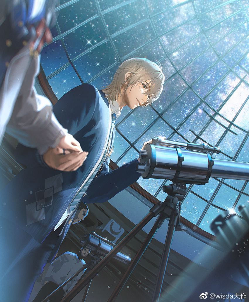 1boy 1girl alkaid_mcgrath bespectacled black_pants blonde_hair blue_cardigan blue_necktie blurry cardigan collared_shirt cowboy_shot depth_of_field dome dutch_angle glass_ceiling glasses glint green_eyes hair_between_eyes heroine_(lovebrush_chronicles) highres holding_hands indoors long_sleeves looking_at_another lovebrush_chronicles male_focus medium_hair necktie observatory observatory_dome open_cardigan open_clothes pants parted_lips people rimless_eyewear shirt sideways_glance sky solo_focus standing star_(sky) stargazing starry_sky striped_necktie telescope tie_clip untucked_shirt weibo_logo weibo_watermark white_cardigan white_shirt wisda