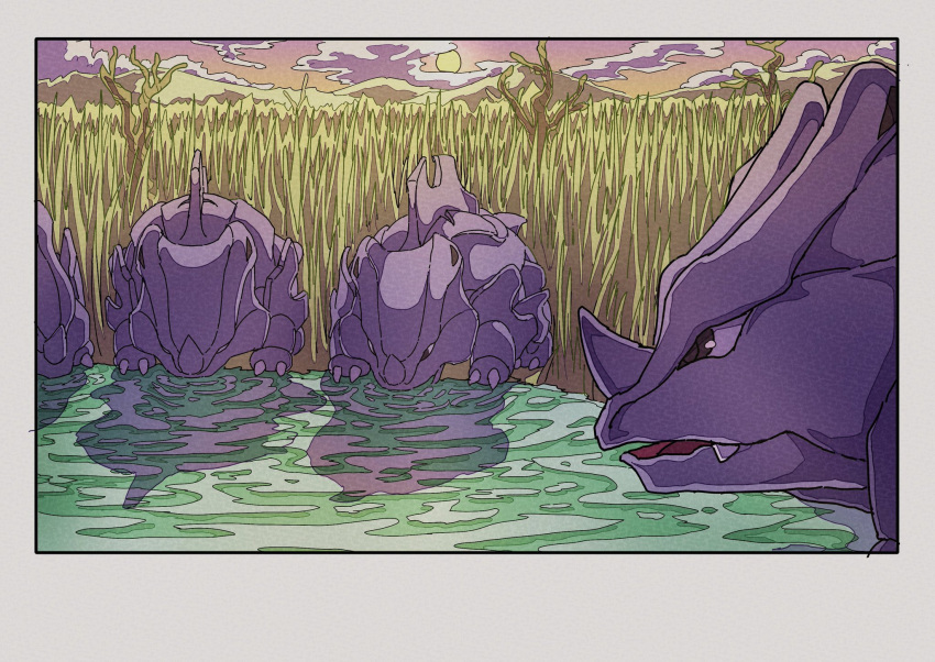 animal_focus border colored_skin drinking fangs grass grey_skin highres horns lake nature onamuzi_illust outdoors pokemon pokemon_(creature) rhyhorn single_horn sun white_border