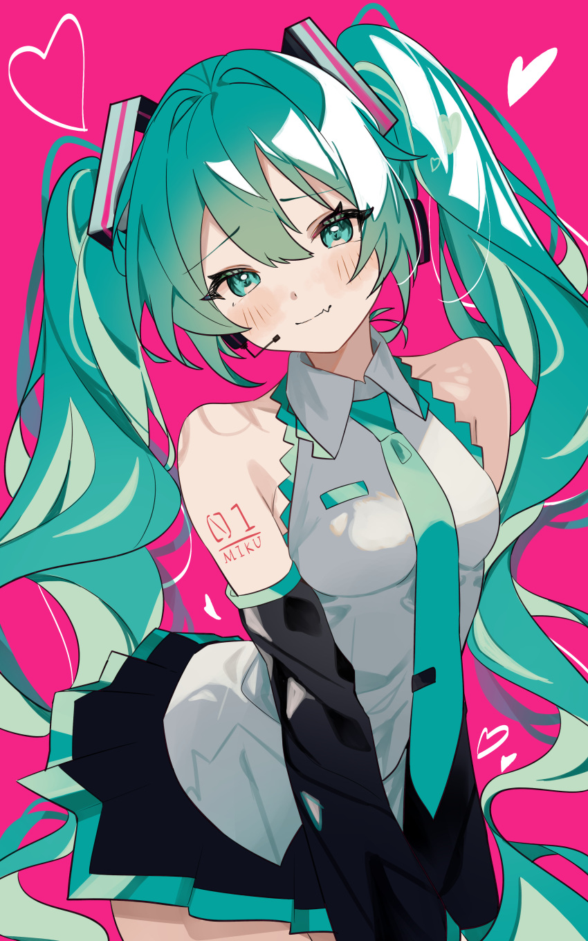1girl absurdres aqua_eyes aqua_hair aqua_necktie aqua_trim bare_shoulders blush breasts closed_mouth coco_irasuto collared_shirt cowboy_shot detached_sleeves fang grey_shirt hair_between_eyes hatsune_miku heart highres lace-trimmed_shirt lace_trim leaning_forward long_hair looking_at_viewer microphone miniskirt necktie pink_background pleated_skirt shirt simple_background skin_fang skirt smile solo twintails v_arms very_long_hair vocaloid