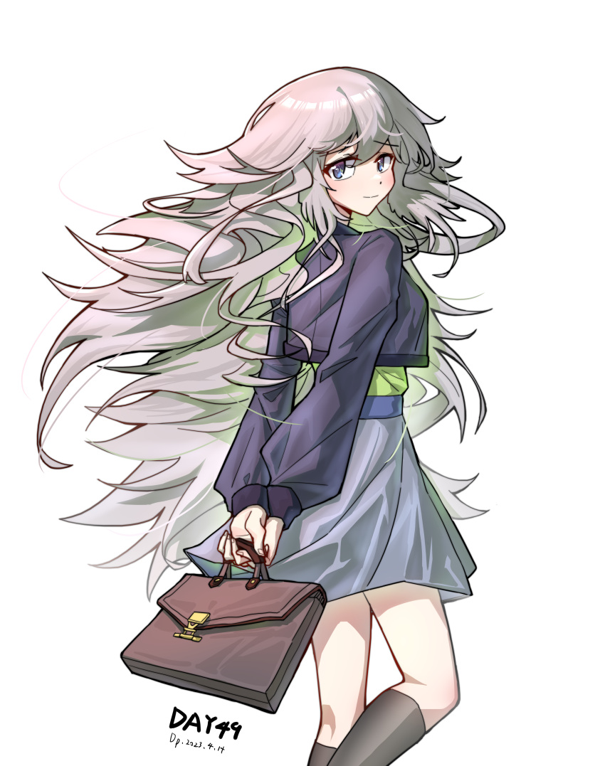 1girl absurdres alternate_costume arknights arms_behind_back black_socks blue_eyes blue_skirt blush briefcase commentary_request cropped_jacket dated fingernails gaoling_gangqin green_shirt highres holding holding_briefcase long_hair looking_at_viewer looking_back mulberry_(arknights) shirt simple_background skirt socks solo very_long_hair white_background white_hair