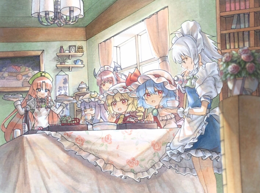 6+girls adapted_costume akeome alternate_costume apron ascot bangs black_bow black_bowtie blonde_hair blue_dress blue_eyes blue_hair bookshelf bow bowtie braid brooch closed_eyes crescent crescent_hat_ornament cup curtains dress drill_hair drinking enmaided flandre_scarlet flower food green_bow green_dress green_headwear grey_hair hair_bow happy_new_year hat hat_ornament head_wings hisako_(6anmbblfnjueeff) holding holding_cup hong_meiling indoors izayoi_sakuya jewelry juliet_sleeves kagami_mochi koakuma long_hair long_sleeves maid maid_headdress mob_cap multiple_girls new_year one_side_up open_mouth painting_(object) patchouli_knowledge pink_headwear plant potted_plant pouring puffy_short_sleeves puffy_sleeves purple_hair red_ascot red_eyes red_hair remilia_scarlet rose shelf shirt short_hair short_sleeves sitting smile star_(symbol) star_hat_ornament table tablecloth teacup teapot touhou twin_braids white_headwear white_shirt window wrist_cuffs yellow_ascot
