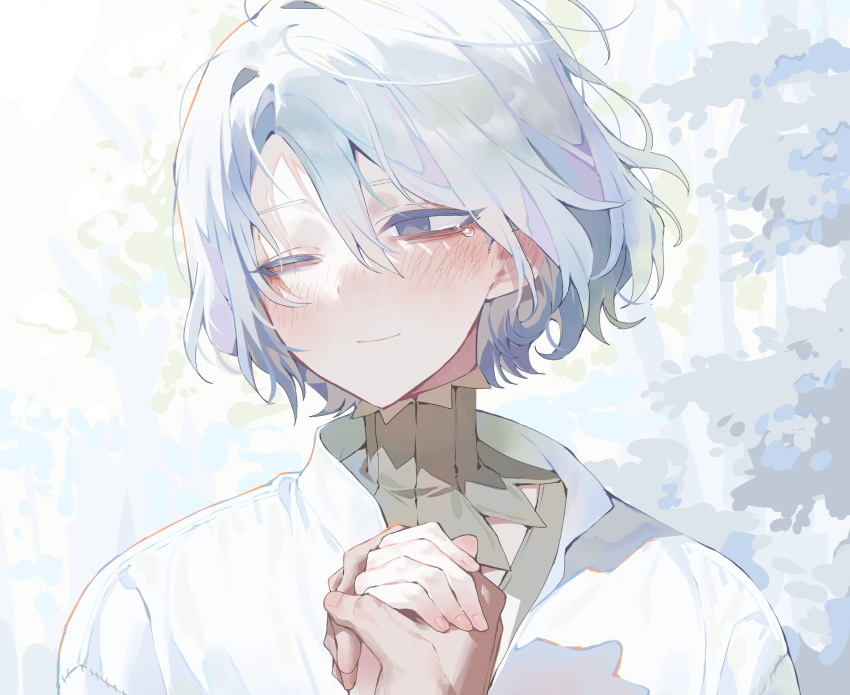 1boy blush cape closed_mouth dungeon_meshi grey_eyes highres male_focus maratang mithrun one_eye_closed own_hands_clasped own_hands_together short_hair simple_background smile solo upper_body white_background white_cape white_hair