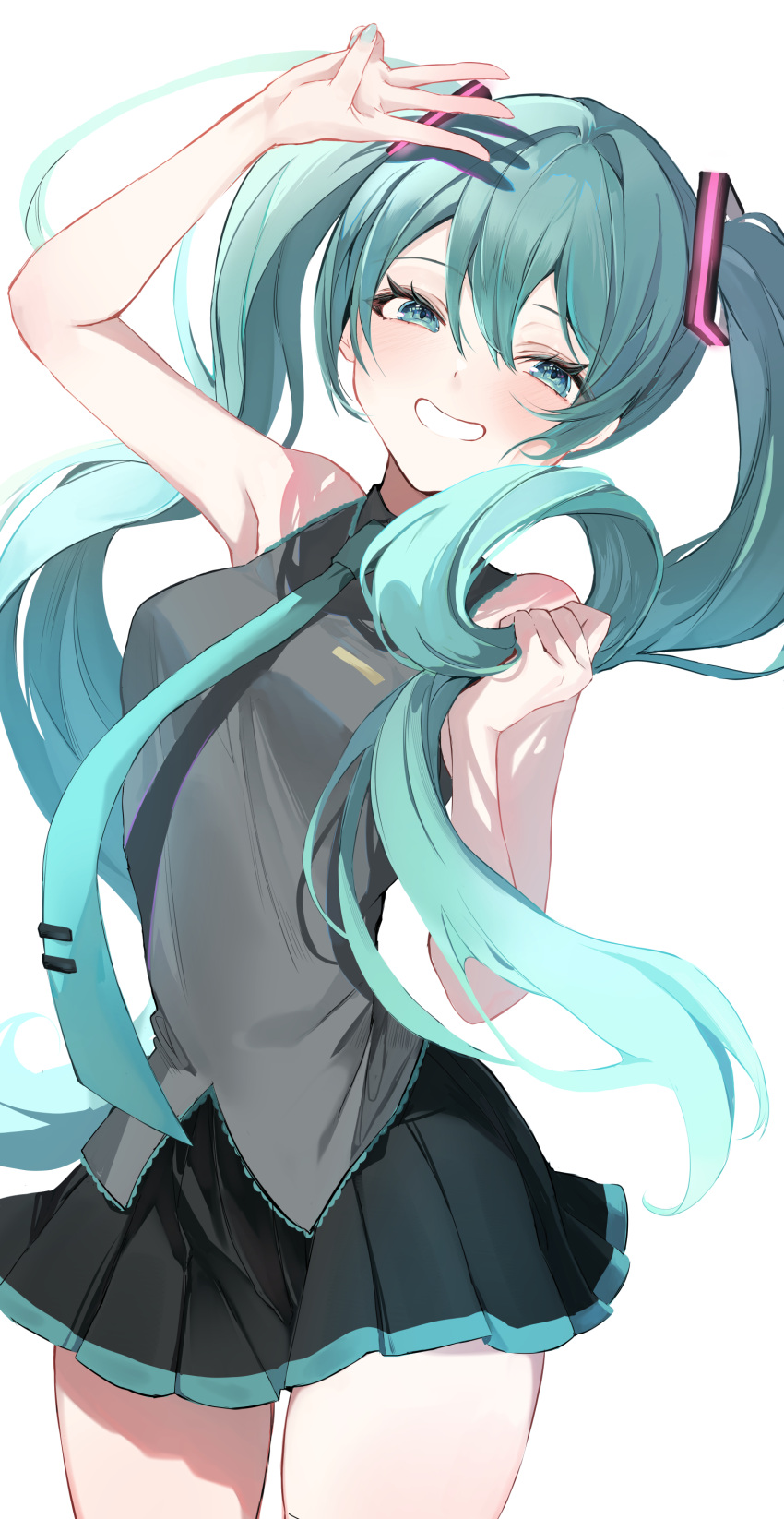 1girl :d absurdres aqua_eyes aqua_hair aqua_necktie arm_up armpits bare_arms bare_shoulders black_skirt breasts commentary_request cowboy_shot grey_shirt hair_between_eyes hand_up hatsune_miku highres holding_own_hair light_blush long_hair looking_at_viewer medium_breasts menomanome miku_day necktie pleated_skirt shirt simple_background skirt sleeveless sleeveless_shirt smile solo standing thighs twintails vocaloid w white_background