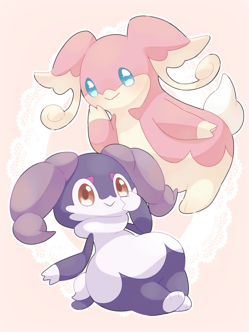 absurdres audino blue_eyes blush brown_eyes closed_mouth em_ivy_akippoi highres indeedee indeedee_(female) no_humans pink_fur pokemon pokemon_(creature) purple_fur smile white_fur