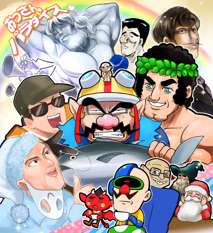 6+boys black_hair blue_eyes cleft_chin cup demon demon_horns demon_tail demon_wings dr._crygor facial_hair glasses grin hat head_wreath helmet highres holding holding_cup horns hoshi_(star-name2000) motorcycle_helmet multiple_boys mustache open_mouth pointy_ears red_(warioware) santa_claus smile sunglasses sweatdrop tail teacup tuna wario warioware warioware:_get_it_together! wings wizard wizard_hat