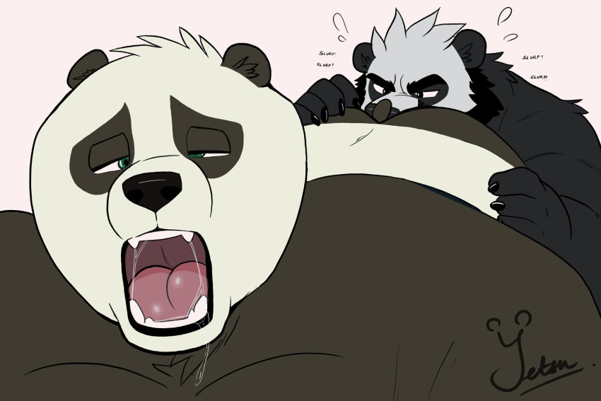 anal anthro bear bodily_fluids digital_media_(artwork) dreamworks duo fur giant_panda hi_res kung_fu_panda looking_pleasured male male/male mammal master_po_ping nude open_mouth oral overweight overweight_male rimming saliva sex simple_background tail tongue yetsu