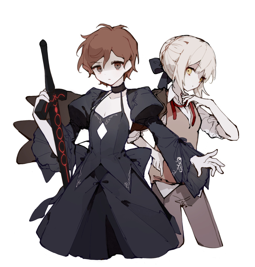 1boy 1girl antenna_hair artoria_pendragon_(fate) back_bow black_bow black_choker black_dress black_sleeves blonde_hair bow braid brown_eyes brown_vest choker cleavage_cutout closed_mouth clothing_cutout collared_shirt commentary_request cosplay costume_switch cropped_legs crossdressing crown_braid danganronpa_(series) danganronpa_another dated_commentary detached_sleeves diamond_cutout dress empty_eyes expressionless fate_(series) frilled_sleeves frills gothic_lolita grey_pants hair_bow hair_bun hand_on_own_chest highres holding holding_sword holding_weapon juliet_sleeves lace-trimmed_choker lace_trim light_frown lolita_fashion long_sleeves messy_hair necktie orange_hair pants pectoral_cleavage pectorals puffy_sleeves red_necktie saber_alter shaded_face shirt short_hair simple_background single_hair_bun sleeve_bow sleeveless sleeveless_dress sleeves_past_elbows sleeves_rolled_up spaghetti_strap spoilers sweater_vest sword undone_necktie utsuro_(danganronpa_another) uyu_(pixiv_92484260) v-neck vest weapon white_background white_shirt white_sleeves wide_sleeves yellow_eyes