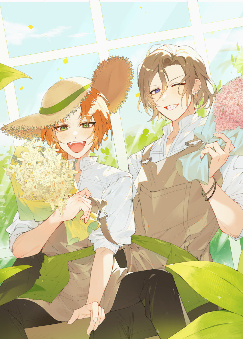 2boys ;) ;d a3! absurdres apron blue_eyes bouquet bracelet brown_apron brown_hair day ear_piercing ensemble_stars! green_eyes hair_between_eyes hat highres holding holding_bouquet jewelry kuripang_bbb looking_at_viewer male_focus multiple_boys one_eye_closed orange_hair piercing settsu_banri shirt sitting smile straw_hat sun_hat triangle_ring tsukinaga_leo white_shirt window