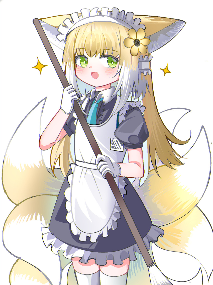 1girl :d alternate_costume animal_ears apron arknights black_dress blonde_hair blush collared_dress dress enmaided fox_ears fox_girl fox_tail frilled_apron frills gloves green_eyes highres holding kitsune long_hair maid maid_apron maid_headdress multicolored_hair puffy_short_sleeves puffy_sleeves short_sleeves simple_background smile solo spam_(spamham4506) sparkle suzuran_(arknights) tail two-tone_hair very_long_hair white_apron white_background white_gloves white_hair