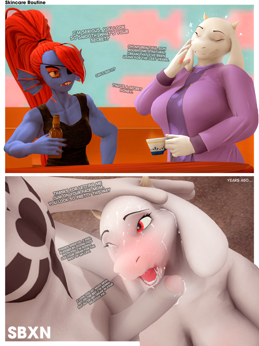 3d_(artwork) age_difference alcohol anthro asriel_dreemurr beer beverage big_breasts blush bodily_fluids boss_monster_(undertale) bovid breasts caprine clothed clothing cum cum_on_face digital_media_(artwork) dirty_talk english_text female fish fur genital_fluids genitals goat group hair hi_res holidays horn incest_(lore) male male/female mammal marine mature_female mother's_day mother_(lore) mother_and_child_(lore) mother_and_son_(lore) nude parent_(lore) parent_and_child_(lore) parent_and_son_(lore) penis sbxn smile son_(lore) source_filmmaker_(artwork) text toriel trio undertale undertale_(series) undyne white_body white_fur