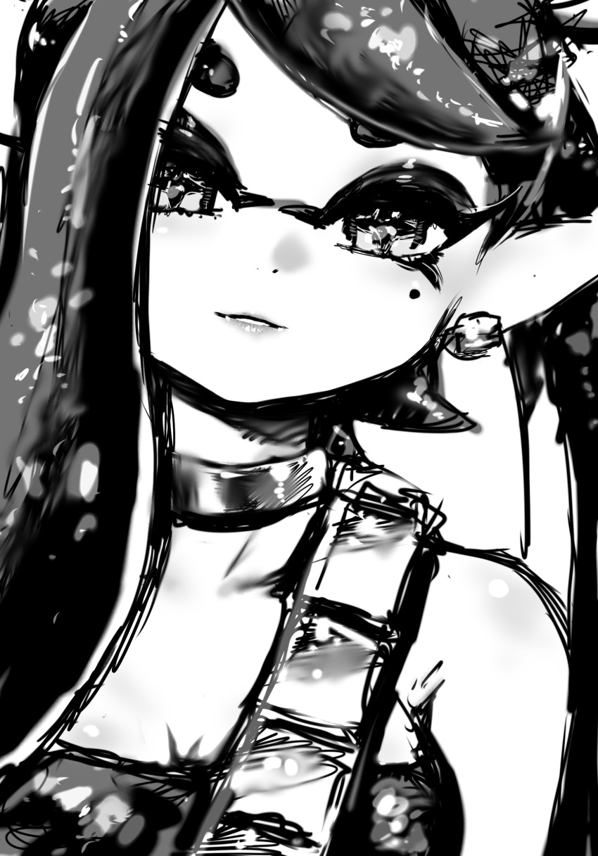 1girl bare_shoulders breasts callie_(splatoon) cleavage collarbone cross-shaped_pupils earrings highres inkling jewelry koharu2.5 lips long_hair looking_at_viewer mole mole_under_eye monochrome neck_ring parted_lips pointy_ears short_eyebrows simple_background smile solo splatoon_(series) splatoon_3 symbol-shaped_pupils tentacle_hair upper_body white_background