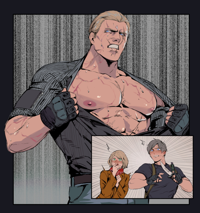 1girl 2boys abs absurdres ashley_graham bara bare_pectorals black_gloves black_shirt blonde_hair blush brown_hair brown_jacket clenched_teeth fingerless_gloves gloves highres holding holding_knife holding_weapon jack_krauser jacket knife large_pectorals leon_s._kennedy male_focus multiple_boys muscular muscular_male nipples on_(isk1812) open_clothes open_shirt pectorals resident_evil resident_evil_4 resident_evil_4_(remake) scar scar_on_face shirt short_hair teeth weapon