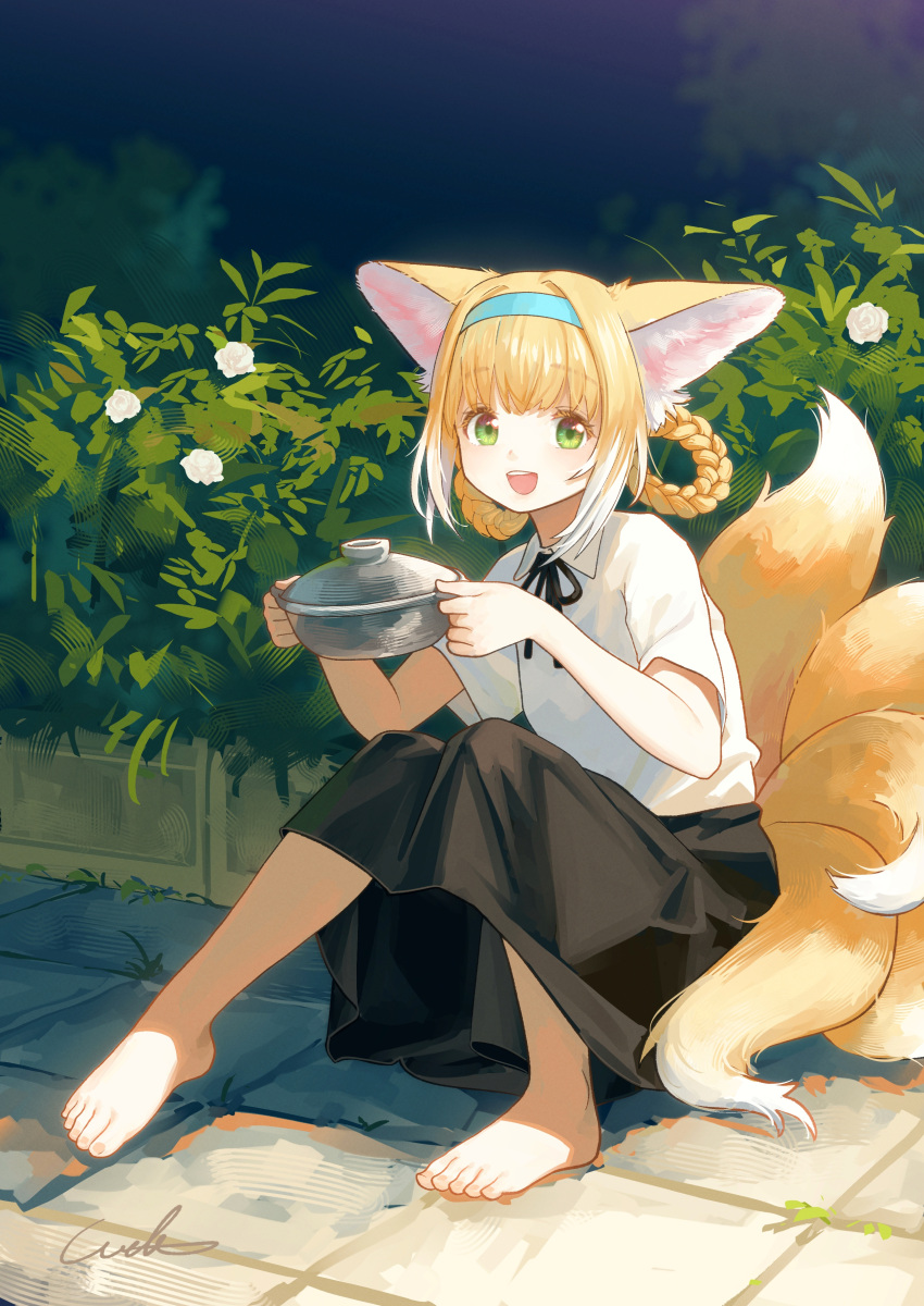 1girl absurdres animal_ear_fluff animal_ears arknights barefoot black_ribbon black_skirt blonde_hair blue_hairband braid collared_shirt commentary_request day flower fox_ears fox_girl fox_tail full_body green_eyes hair_rings hairband hands_up highres holding kitsune knees_up multicolored_hair neck_ribbon outdoors ribbon shirt short_sleeves sitting skirt solo suzuran_(arknights) tail twin_braids two-tone_hair welt_(kinsei_koutenkyoku) white_flower white_hair white_shirt