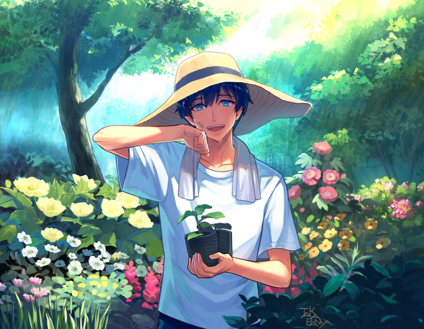 1boy :d a3! artist_name black_hair blue_eyes day dirty dirty_face flower garden hand_up hat holding holding_plant looking_at_viewer outdoors plant shirt short_hair short_sleeves smile solo standing straw_hat sun_hat sunlight taka_banyaaa towel towel_around_neck tree tsukioka_tsumugi white_shirt yellow_hat