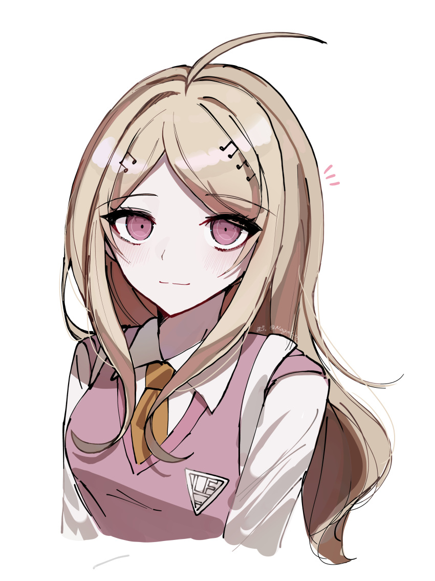 1girl absurdres ahoge akamatsu_kaede blonde_hair blush collared_shirt danganronpa_(series) danganronpa_v3:_killing_harmony hair_ornament highres higoi_343 long_hair musical_note musical_note_hair_ornament necktie orange_necktie pink_eyes pink_sweater_vest shion_343 shirt smile solo sweater_vest white_shirt